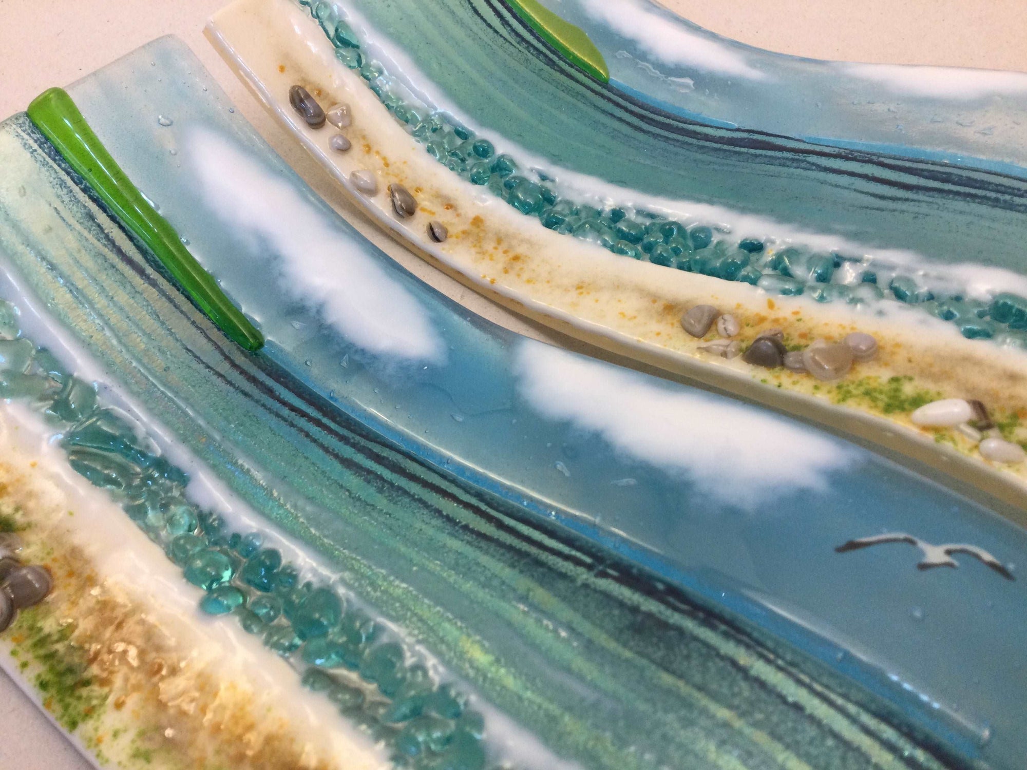 Large Freestanding Wave - Sea Scene with grass - Fused Glass By Claire Harris 