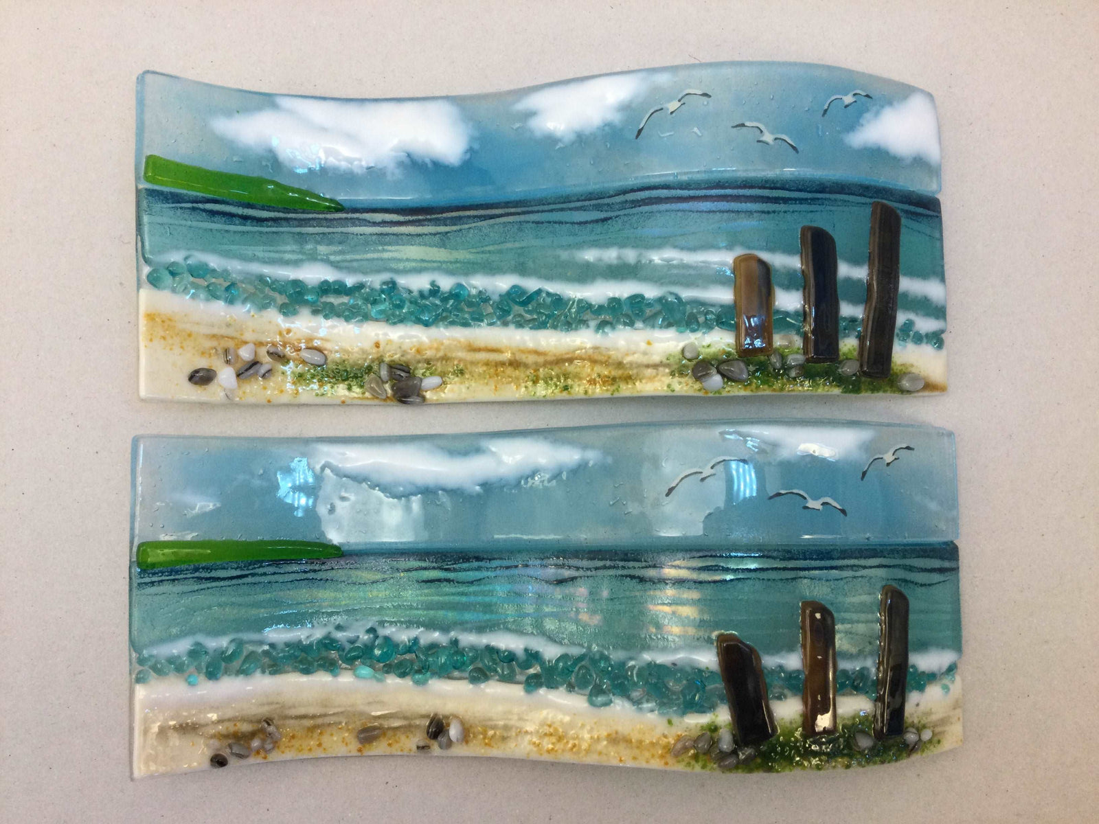 Large Freestanding Wave - Sea Scene with groyns - Fused Glass By Claire Harris 