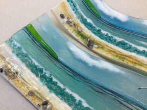 Large Freestanding Wave - Sea Scene with groyns - Fused Glass By Claire Harris 