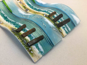 Large Freestanding Wave - Sea Scene with groyns - Fused Glass By Claire Harris 