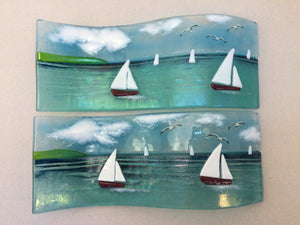 Large Freestanding Wave - Sea Scene with sailing boats - Fused Glass By Claire Harris 