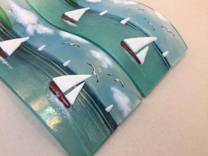 Large Freestanding Wave - Sea Scene with sailing boats - Fused Glass By Claire Harris 