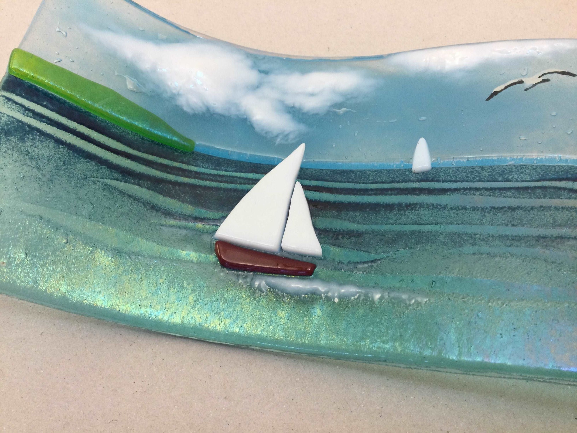 Large Freestanding Wave - Sea Scene with sailing boats - Fused Glass By Claire Harris 