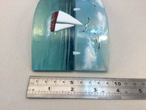 Large Freestanding Wave - Sea Scene with sailing boats - Fused Glass By Claire Harris 