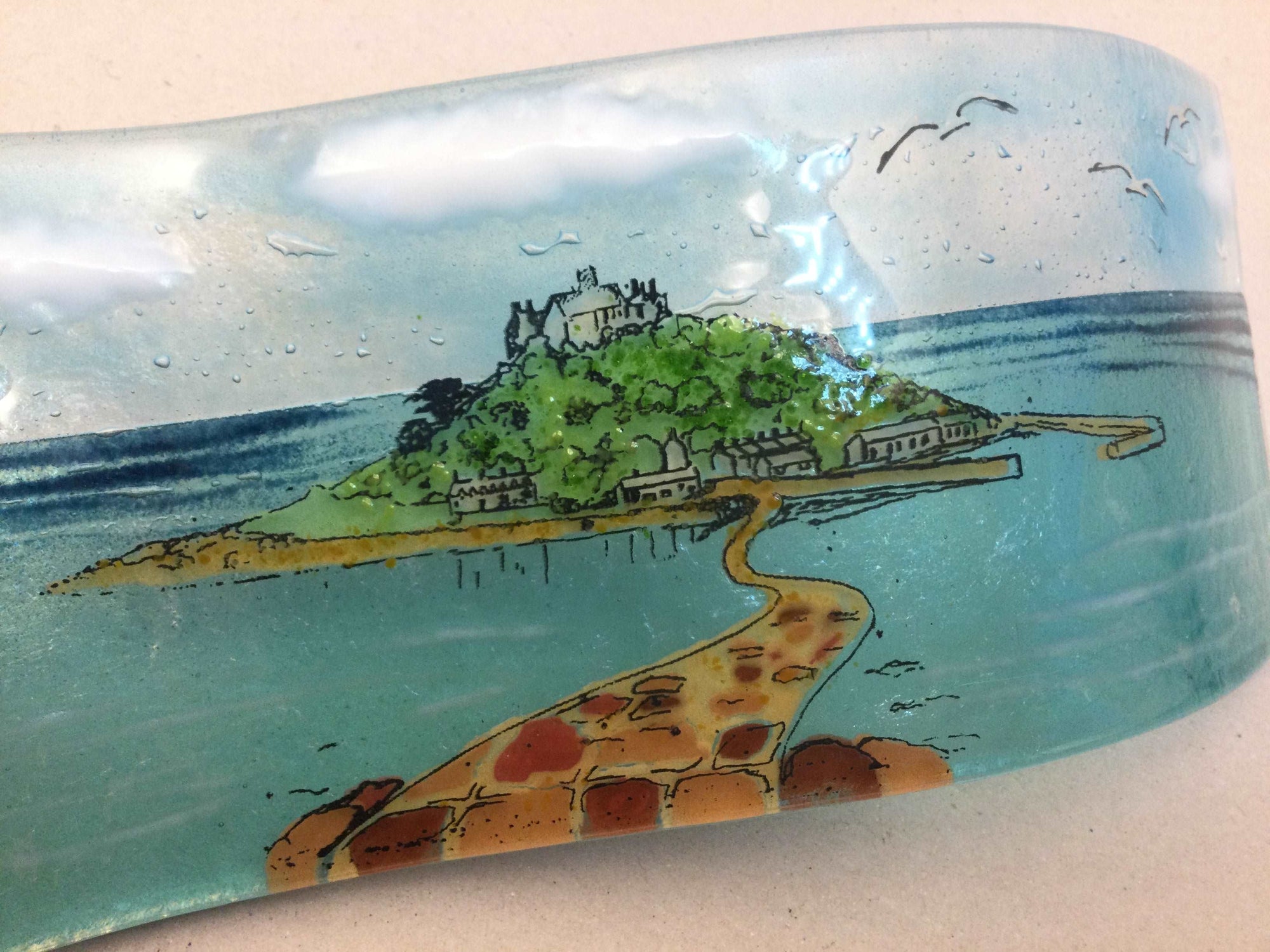 Large Freestanding Wave - St Michael’s Mount - Fused Glass By Claire Harris 