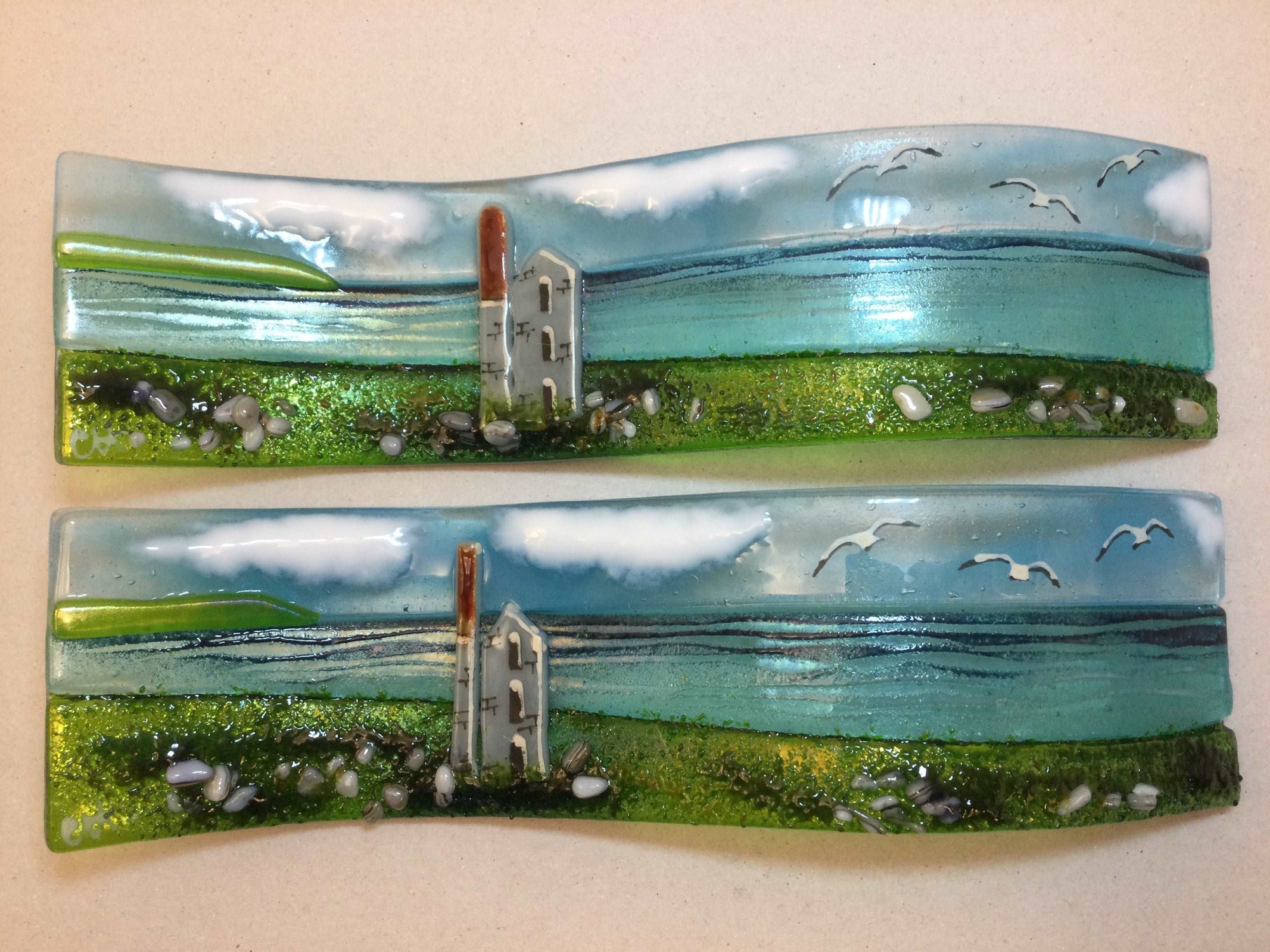 Small freestanding wave - Sea scene with Cornish Tin mine engine house. - Fused Glass By Claire Harris 