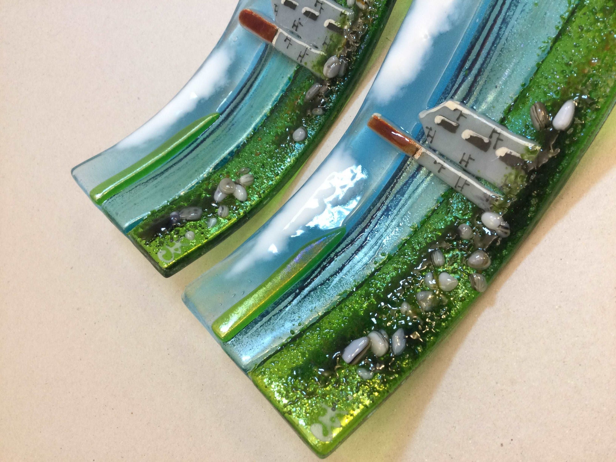 Small freestanding wave - Sea scene with Cornish Tin mine engine house. - Fused Glass By Claire Harris 