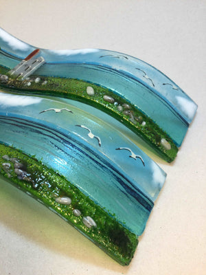 Small freestanding wave - Sea scene with Cornish Tin mine engine house. - Fused Glass By Claire Harris 