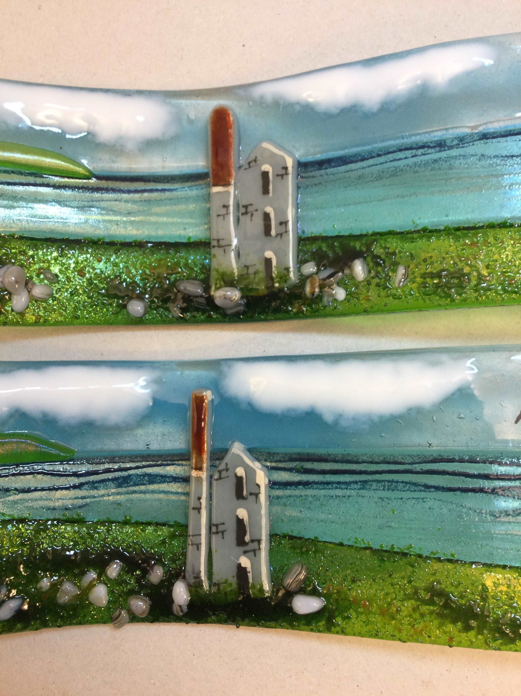 Small freestanding wave - Sea scene with Cornish Tin mine engine house. - Fused Glass By Claire Harris 