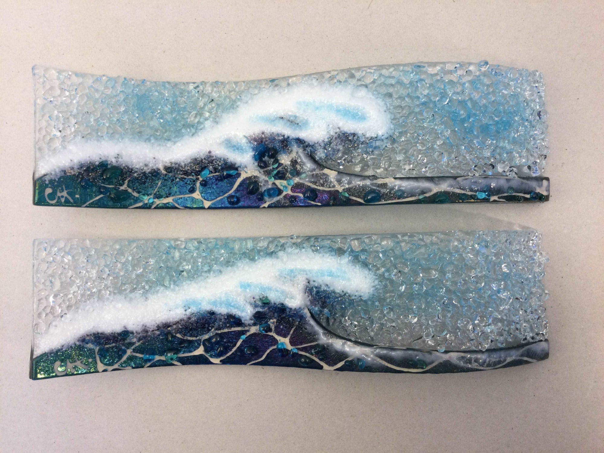 Small Freestanding Wave - Dark aqua Crashing Wave - Fused Glass By Claire Harris 