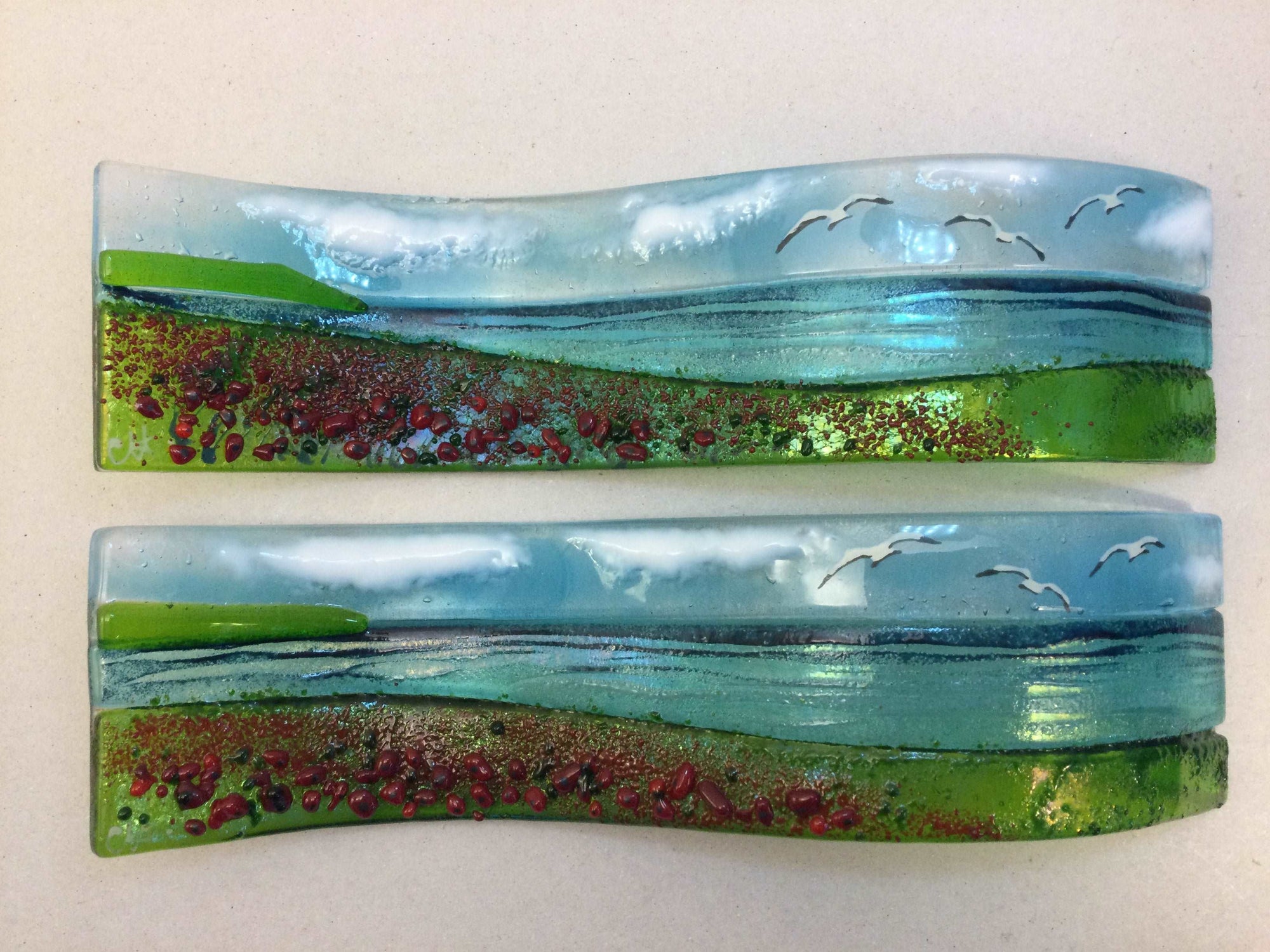 Small Freestanding Wave - Poppy field Sea Scene - Fused Glass By Claire Harris 