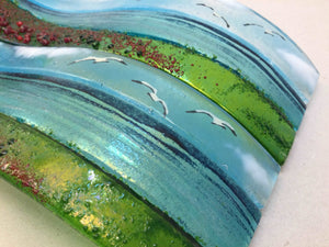 Small Freestanding Wave - Poppy field Sea Scene - Fused Glass By Claire Harris 