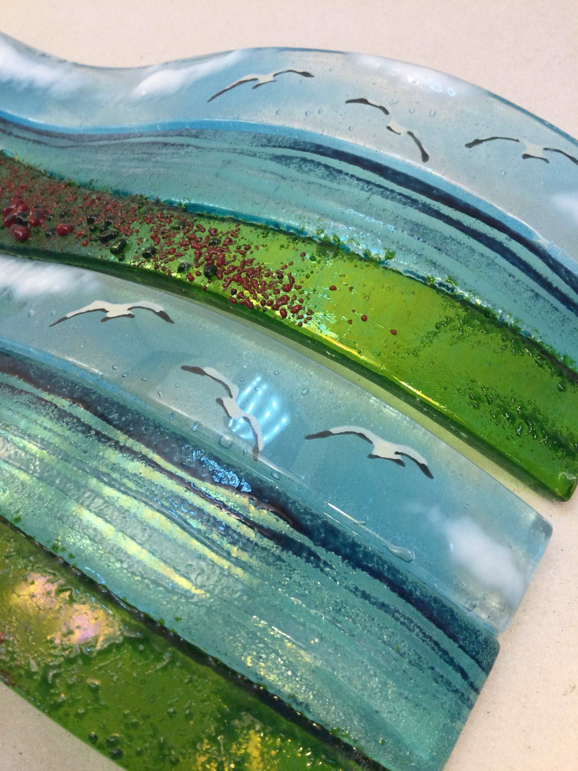 Small Freestanding Wave - Poppy field Sea Scene - Fused Glass By Claire Harris 