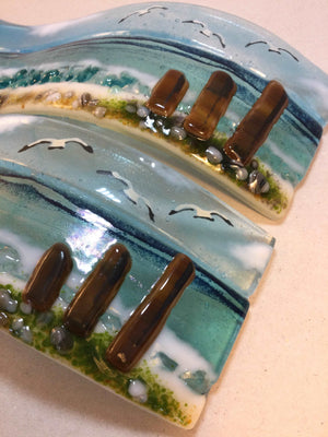 Small Freestanding Wave - Sea Scene with groyns. - Fused Glass By Claire Harris 