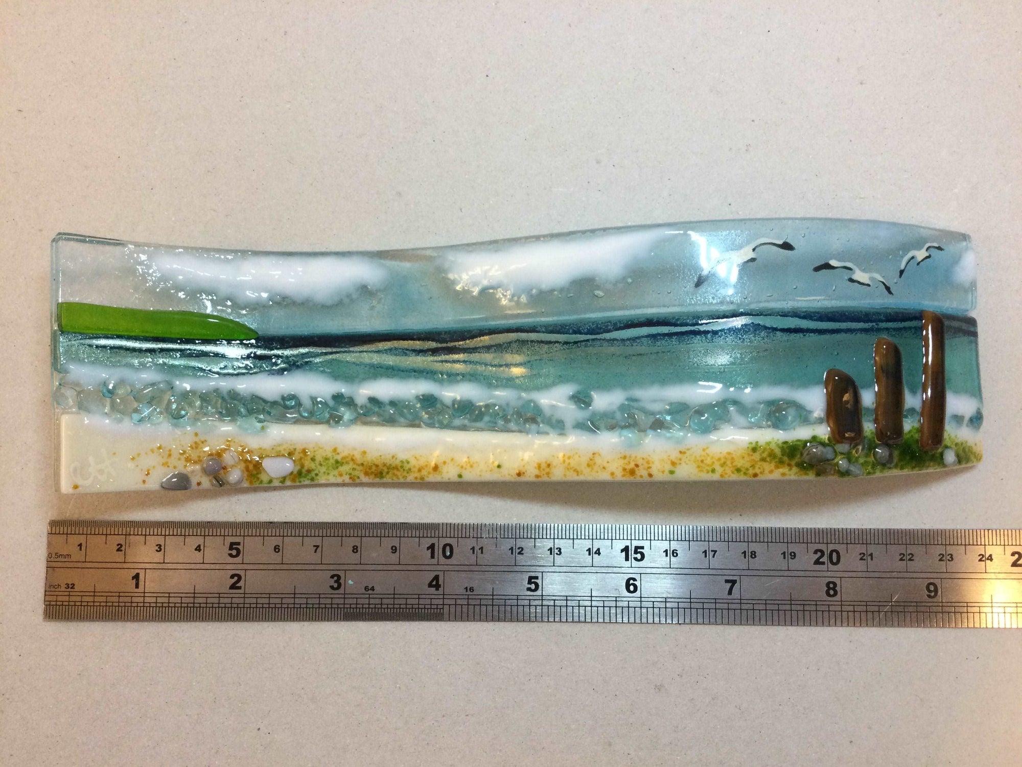 Small Freestanding Wave - Sea Scene with groyns. - Fused Glass By Claire Harris 