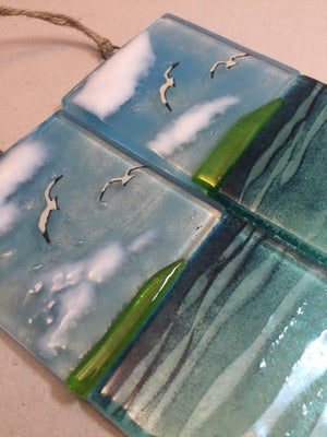 Large Hanger - Cornish Sea scene - Fused Glass By Claire Harris 