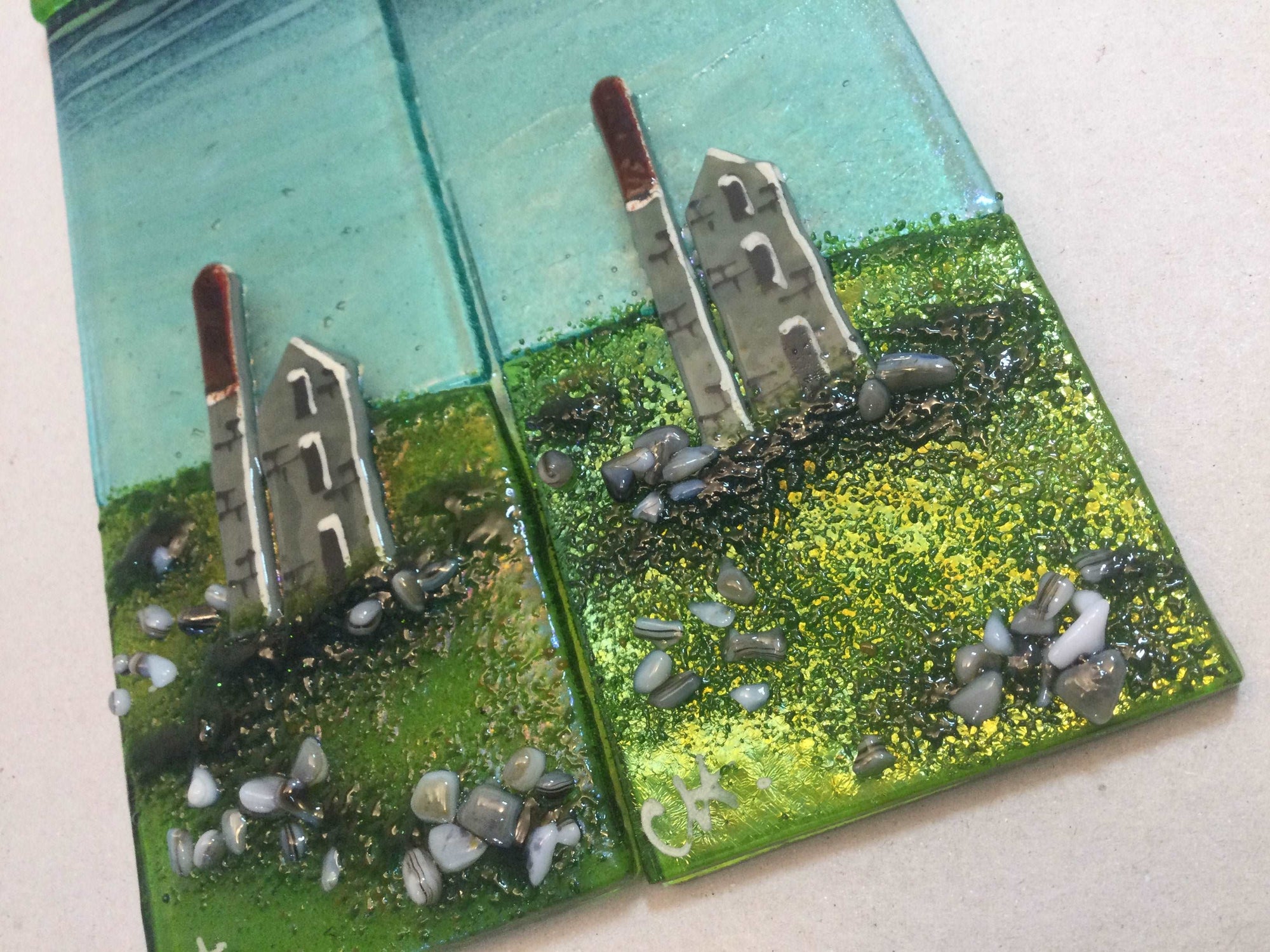 Large Hanger - Sea scene with Cornish engine house. Tin mine Poldark - Fused Glass By Claire Harris 