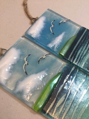 Large Hanger - Sea scene with Cornish engine house. Tin mine Poldark - Fused Glass By Claire Harris 