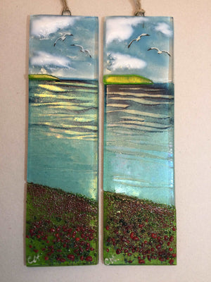 Large Hanger - Sea scene with poppies - Fused Glass By Claire Harris 