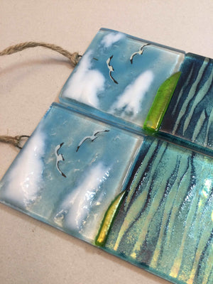 Large Hanger - Sea scene with poppies - Fused Glass By Claire Harris 