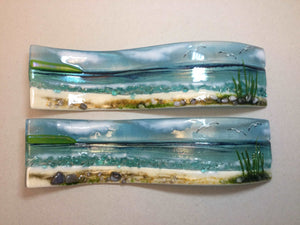 Small Freestanding Wave - Cornish Sea Scene with Grass - Fused Glass By Claire Harris 