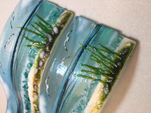 Small Freestanding Wave - Cornish Sea Scene with Grass - Fused Glass By Claire Harris 