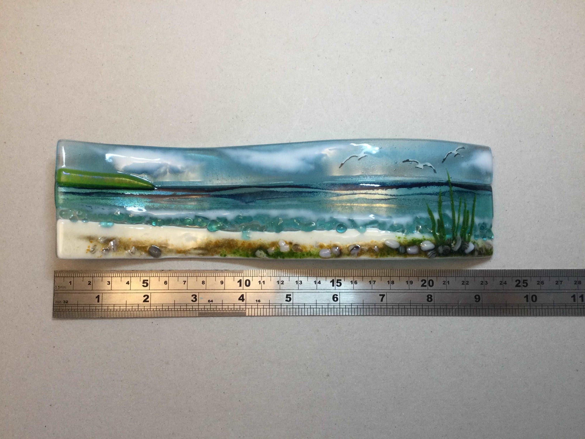 Small Freestanding Wave - Cornish Sea Scene with Grass - Fused Glass By Claire Harris 