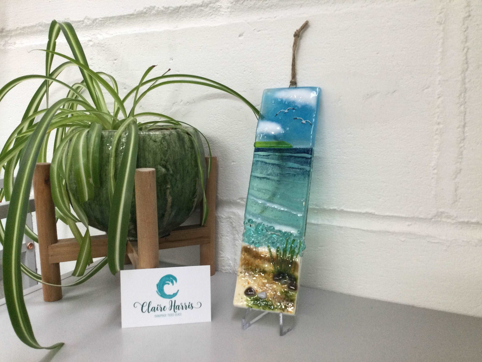 Large Hanger - Cornish Sea Scene with Grass - Fused Glass By Claire Harris 