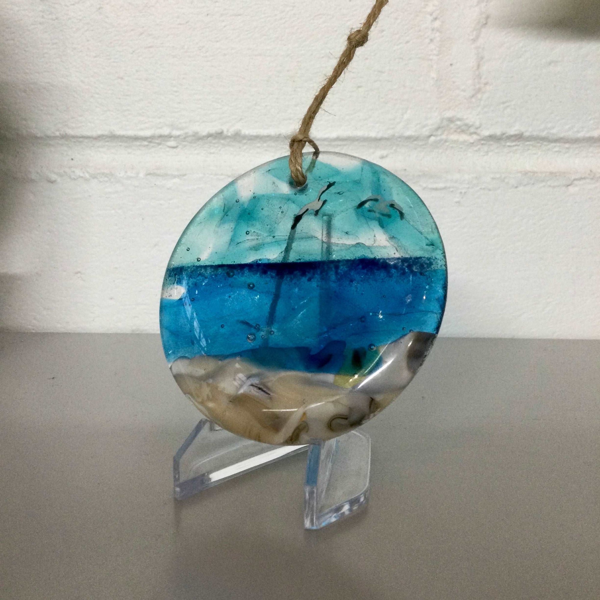 8cm Sea Scene Disc Hanger - Fused Glass By Claire Harris 