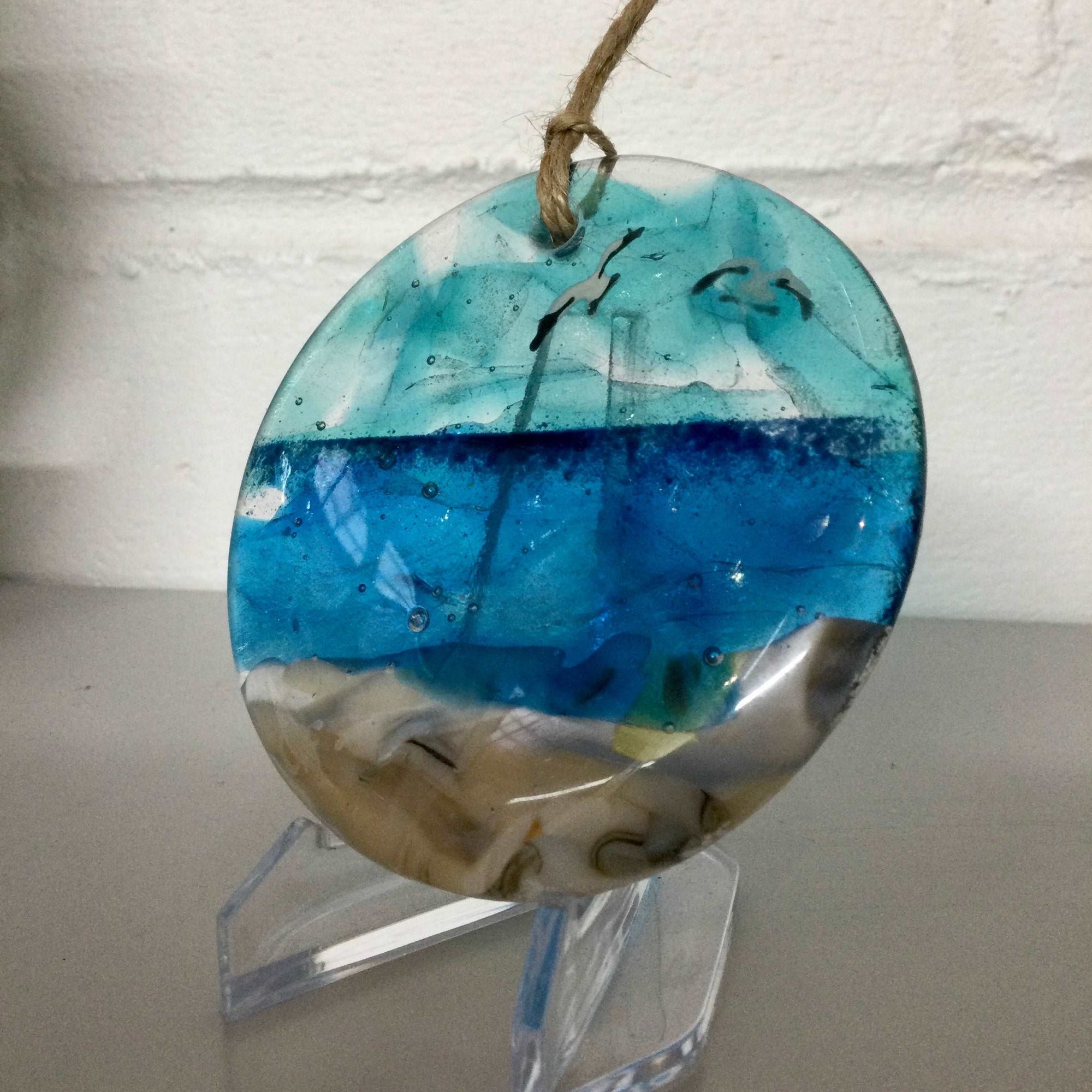 8cm Sea Scene Disc Hanger - Fused Glass By Claire Harris 