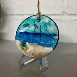 8cm Sea Scene Disc Hanger - Fused Glass By Claire Harris 