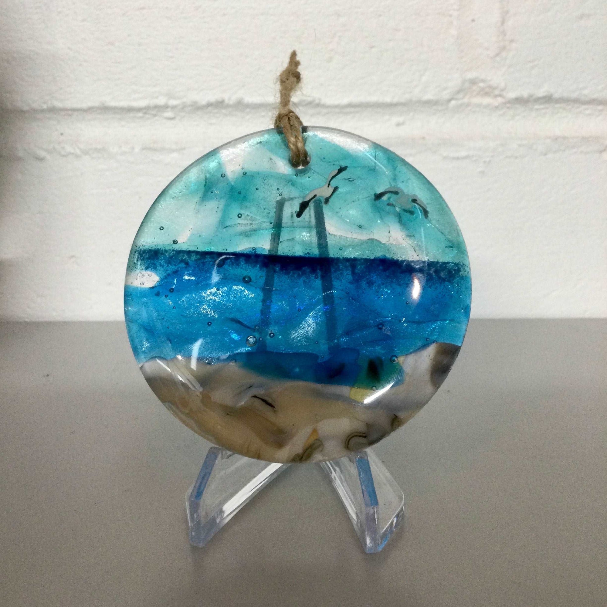 8cm Sea Scene Disc Hanger - Fused Glass By Claire Harris 