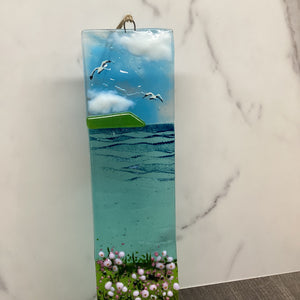 fused glass large hanger with sea pinks, photo depicting the top part of the design