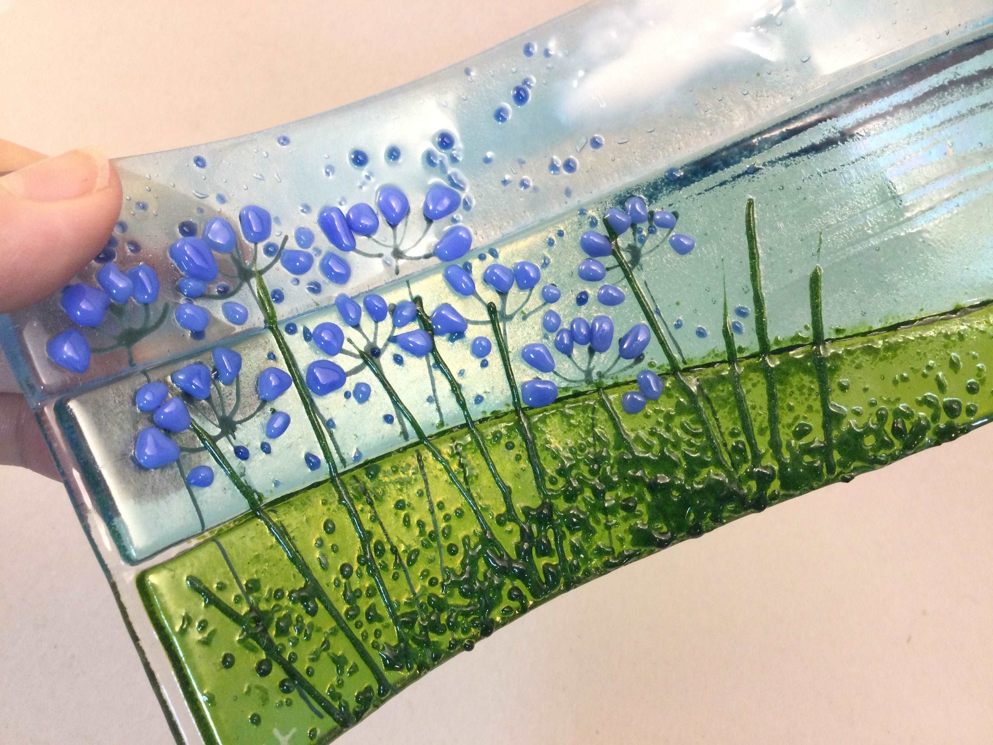 Large Freestanding Wave - Sea Scene with agapanthus - Fused Glass By Claire Harris 