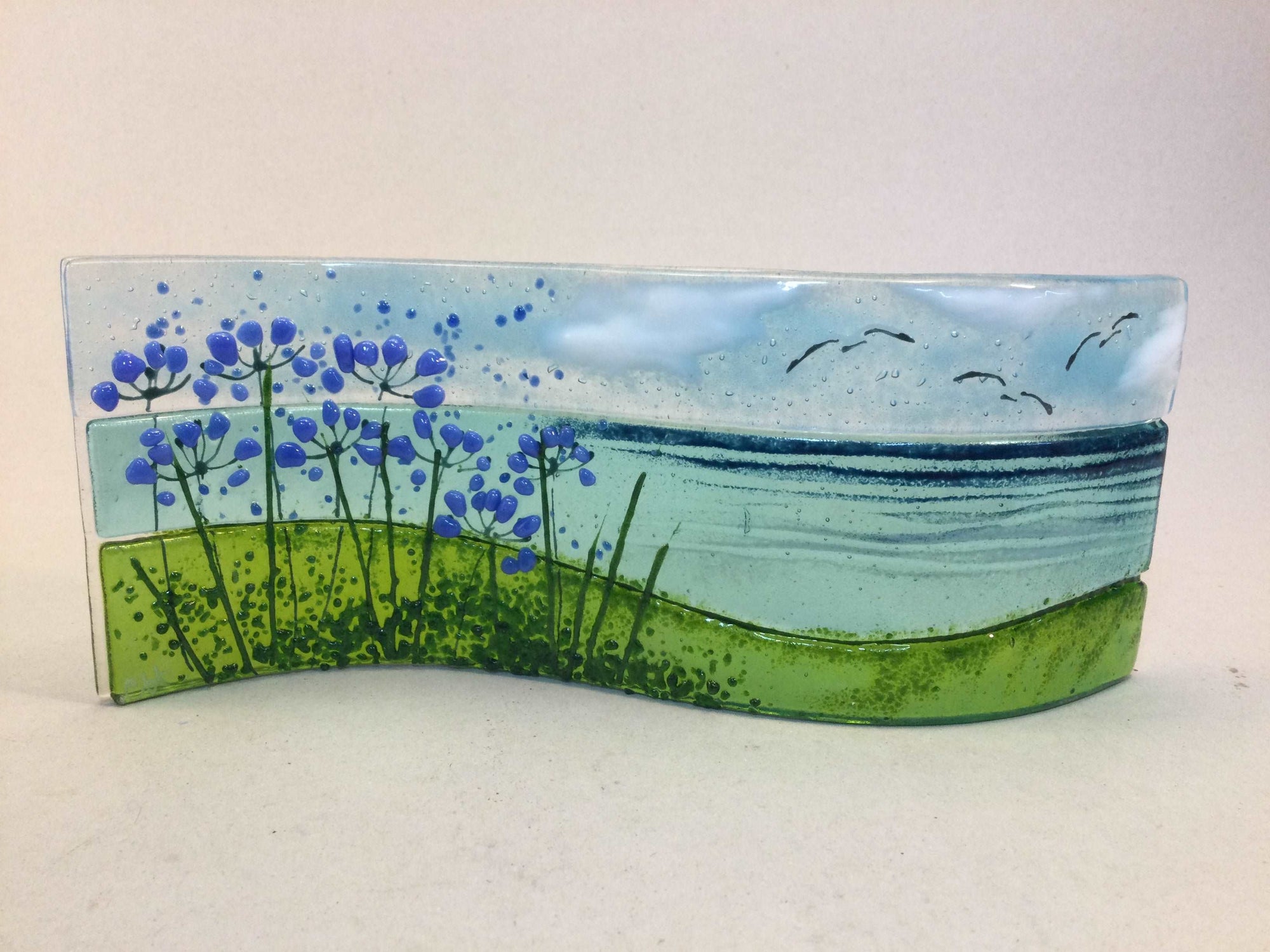 Large Freestanding Wave - Sea Scene with agapanthus - Fused Glass By Claire Harris 