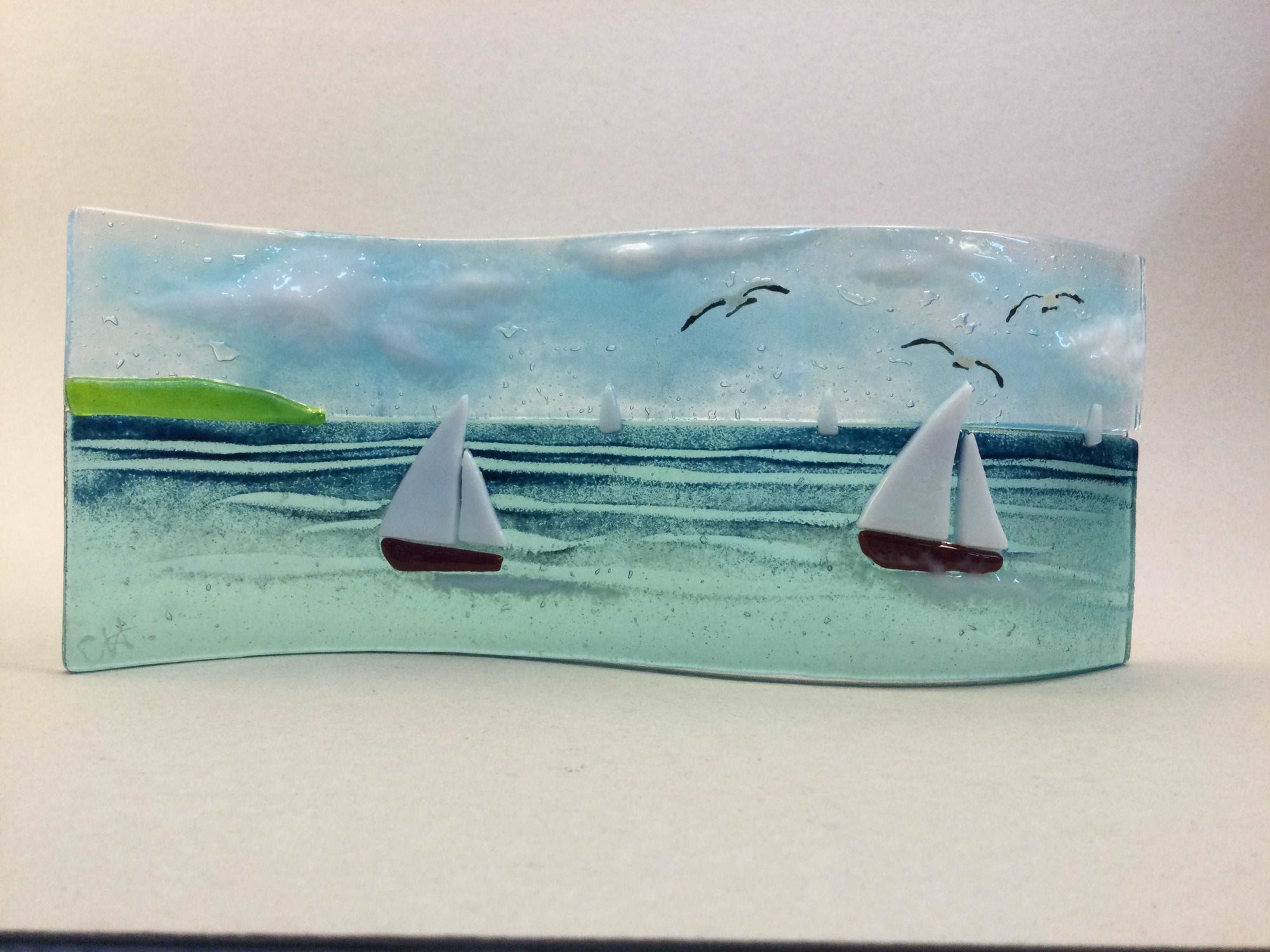 Large Freestanding Wave - Sea Scene with sailing boats - Fused Glass By Claire Harris 