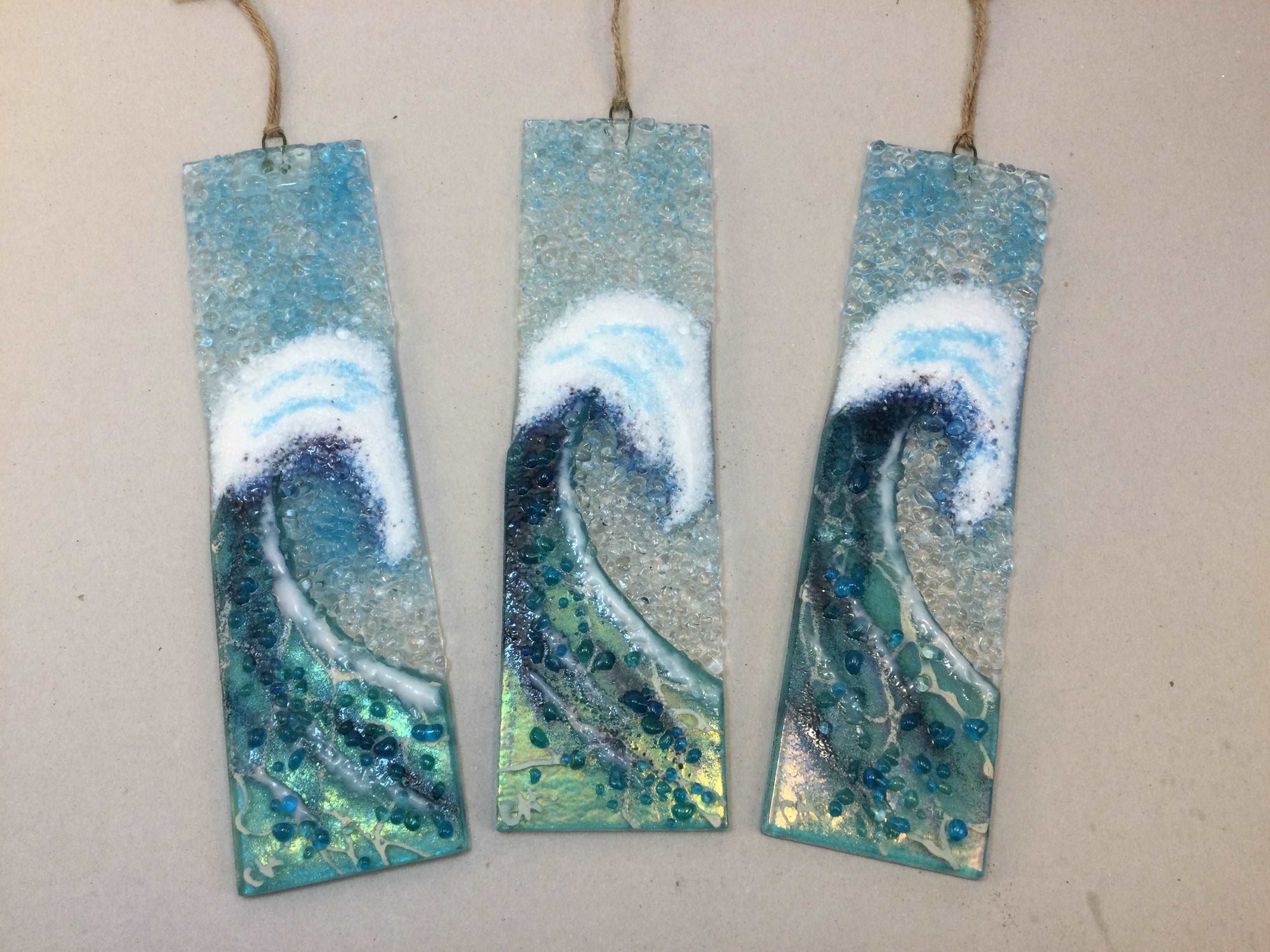 Large Hanger - Light Aqua Crashing Wave - Fused Glass By Claire Harris 