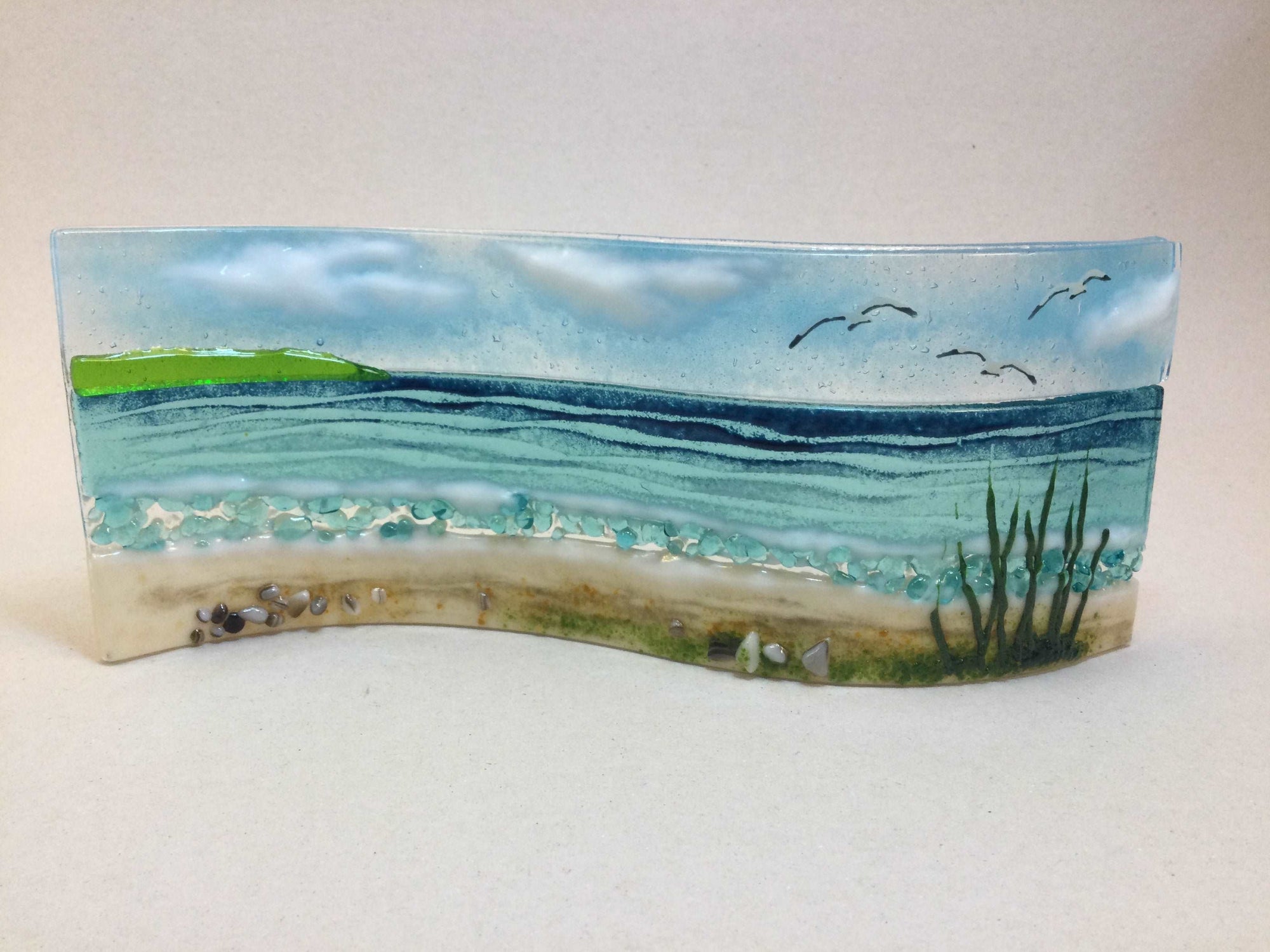 Large Freestanding Wave - Sea Scene with grass - Fused Glass By Claire Harris 