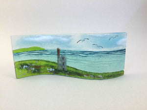 Large freestanding wave - Sea scene with Cornish Tin mine engine house. - Fused Glass By Claire Harris 