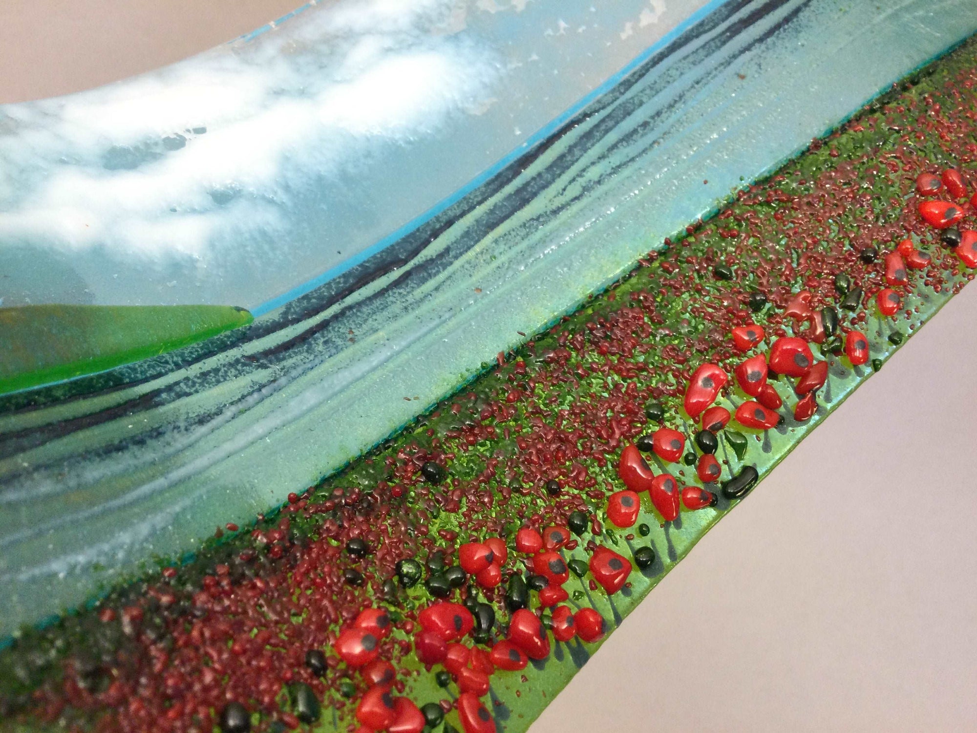 Large Freestanding Wave - Poppy field Sea Scene - Fused Glass By Claire Harris 