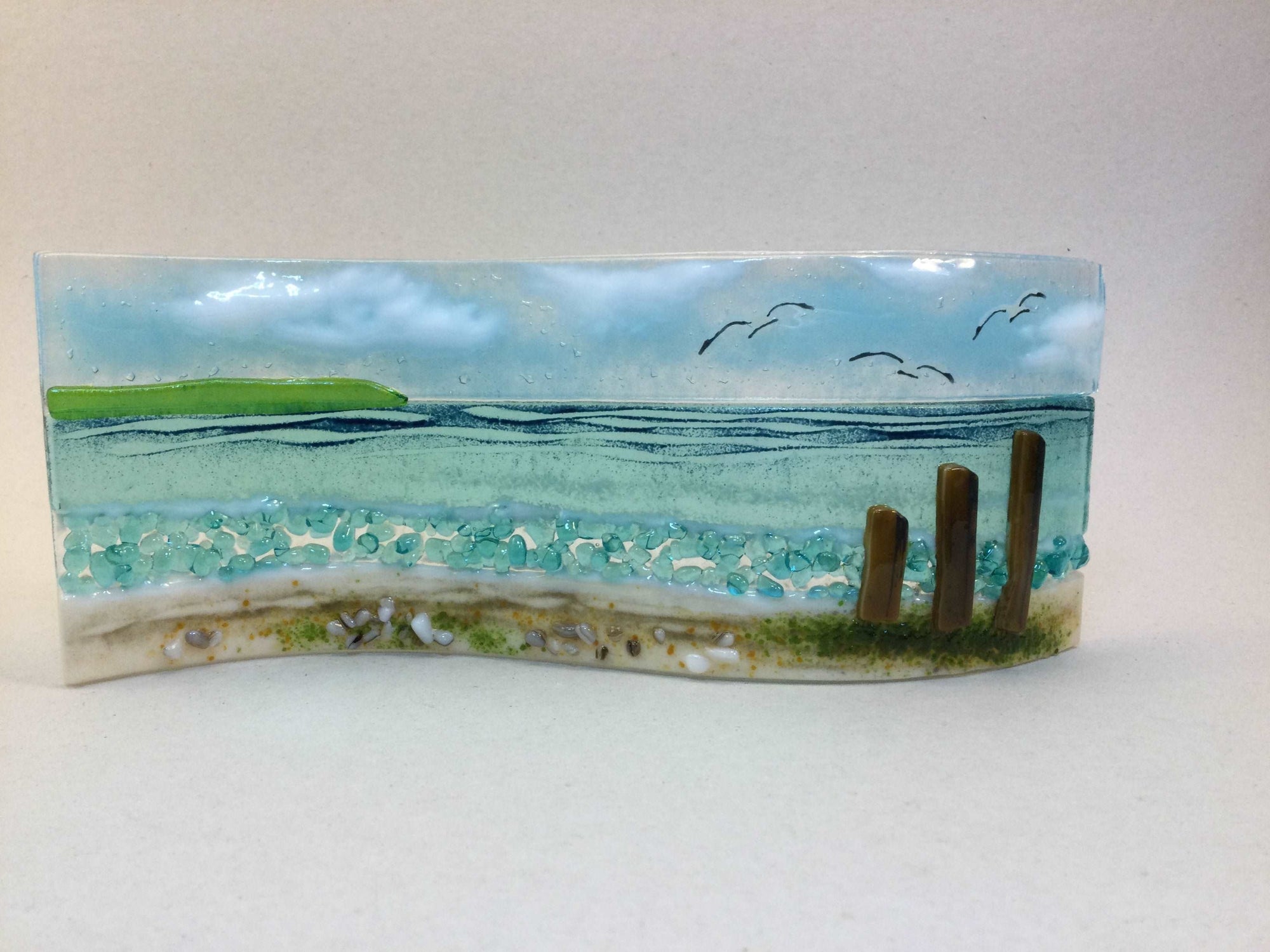 Large Freestanding Wave - Sea Scene with groyns - Fused Glass By Claire Harris 