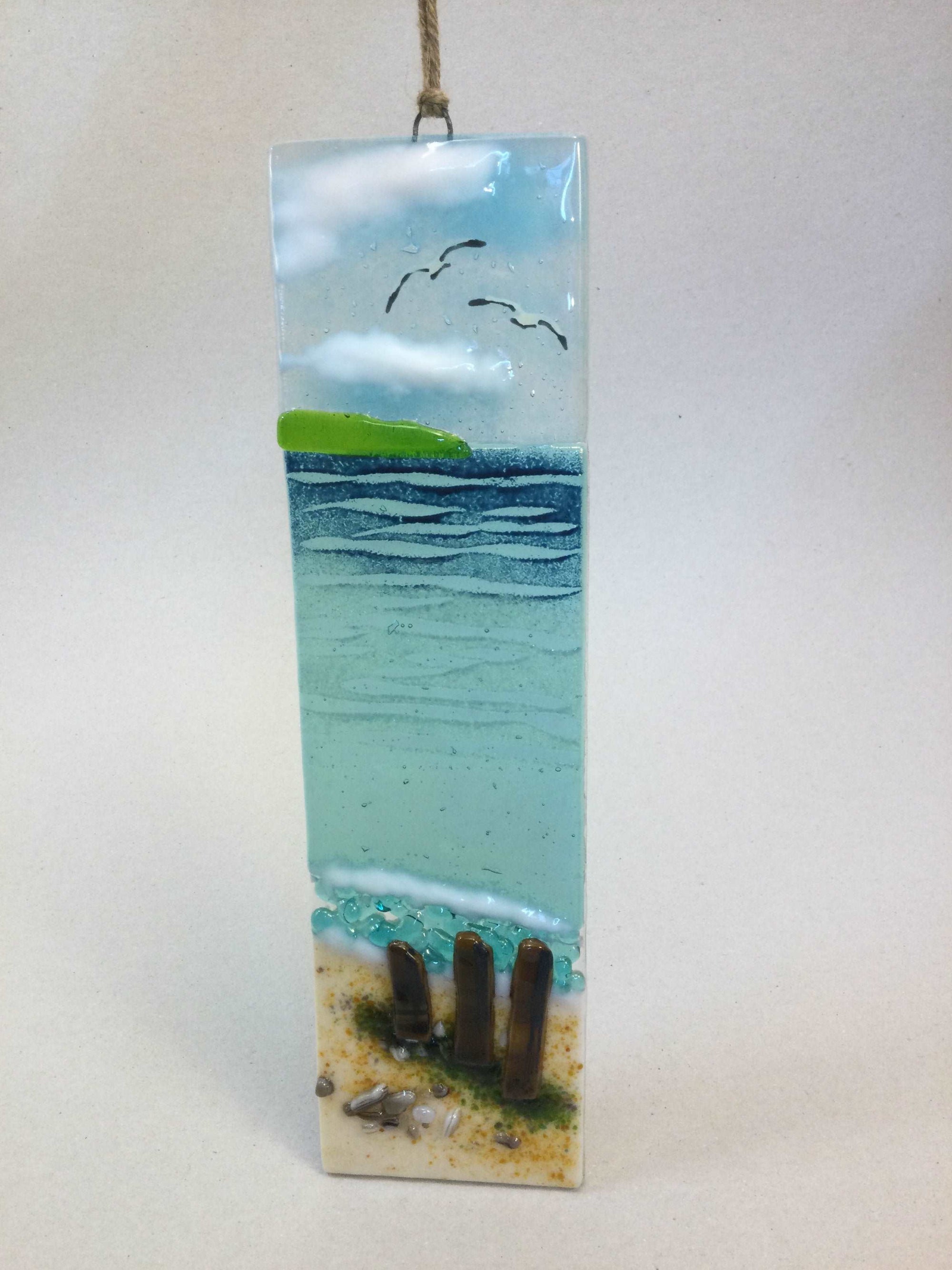 Large Hanger - Sea scene with groyns - Fused Glass By Claire Harris 