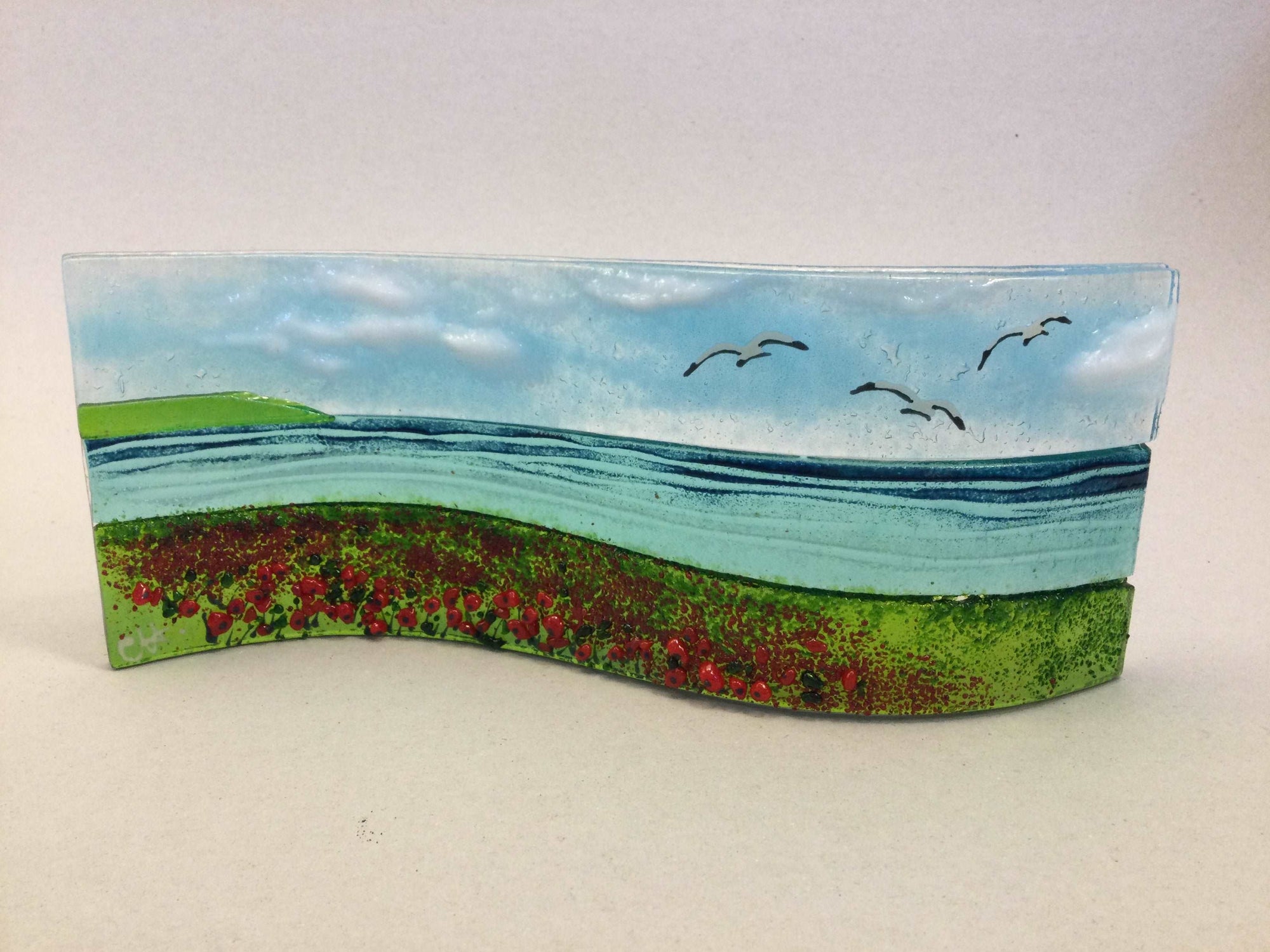 Large Freestanding Wave - Poppy field Sea Scene - Fused Glass By Claire Harris 