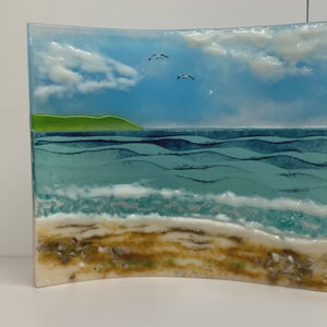 Jumbo Freestanding Wave Fused Glass Sea Scene, Cornish beach with Grass