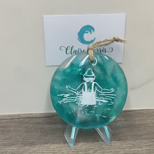 Wild Swimmer Fused Glass Light Aqua Disc, Swimmer with Bobble Hat