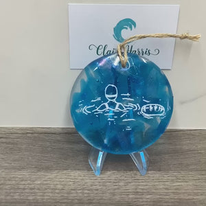 Wild Swimmer Turquoise Fused Glass Disc, Swimmer with Float