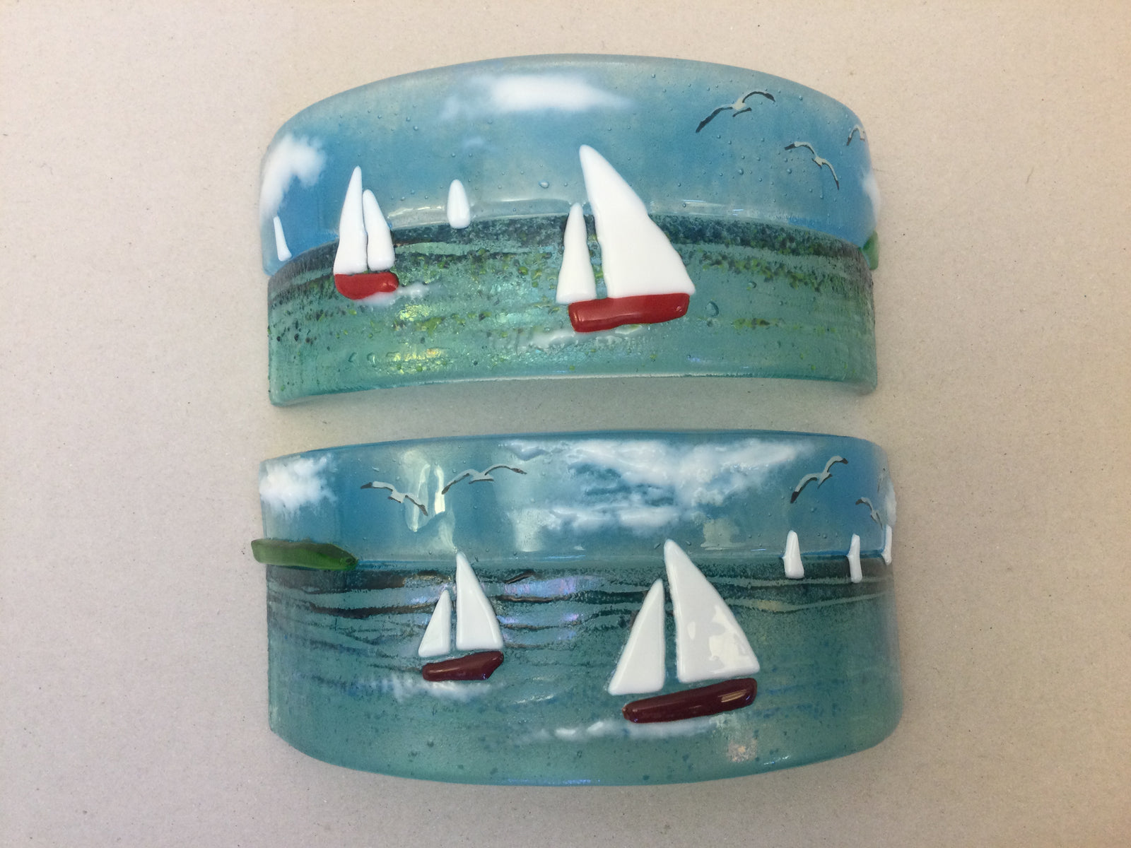 Curve - Cornish Sea scene with sailing boats - Fused Glass By Claire Harris 
