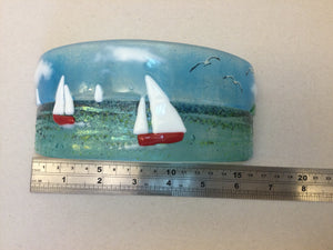 Curve - Cornish Sea scene with sailing boats - Fused Glass By Claire Harris 