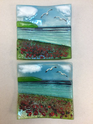 Trinket Dish - Seascene with poppies - Fused Glass By Claire Harris 