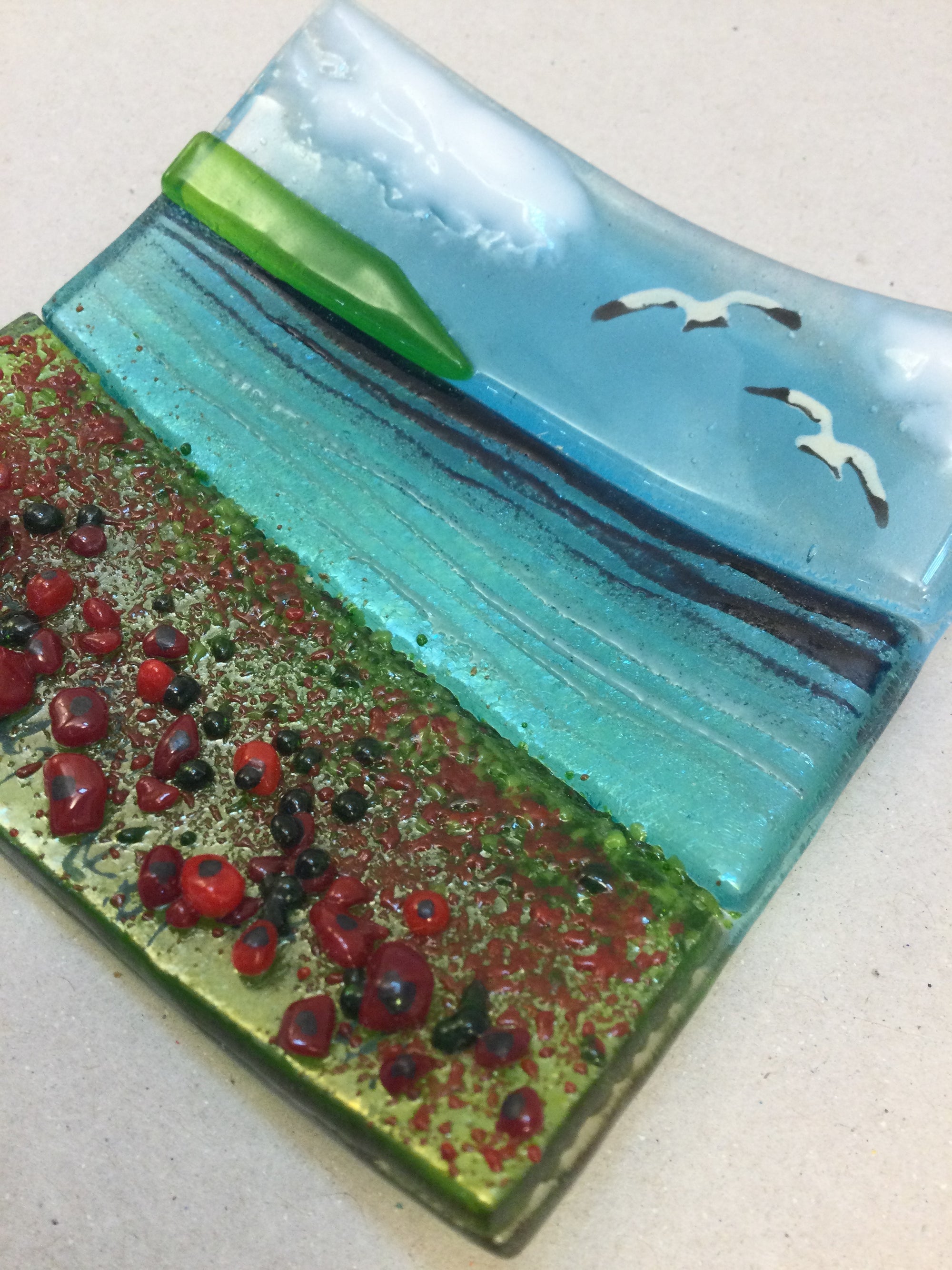 Trinket Dish - Seascene with poppies - Fused Glass By Claire Harris 